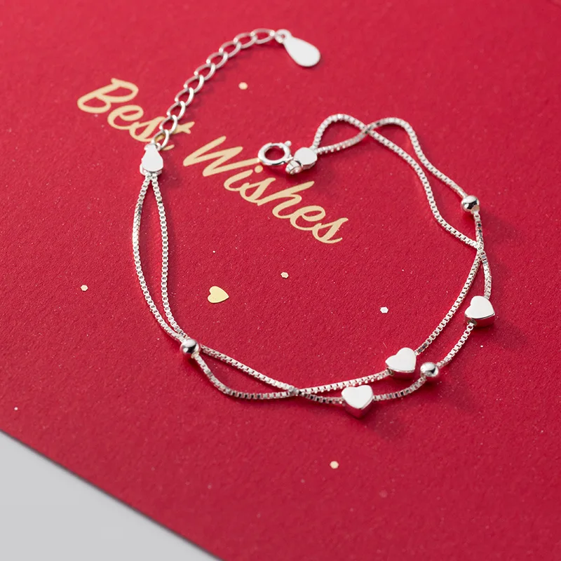 100% 925 Sterling Silver Love Heart Bracelet for Women Girl Double Layered Geometric Design Jewelry Party Gift Dropshipping