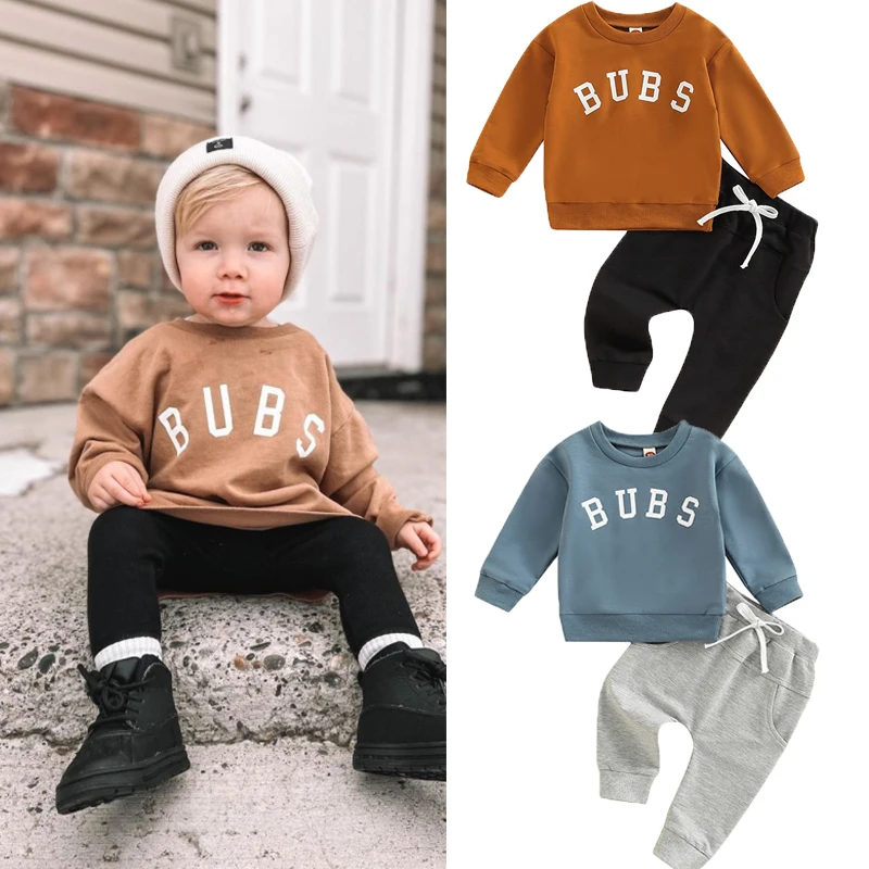 FOCUSNORM 4 Colors Autumn Causal Baby Boys Clothes Sets 2pcs Letter Printed Long Sleeve Sweatshirt Tops+Solid Shorts 0-3Y
