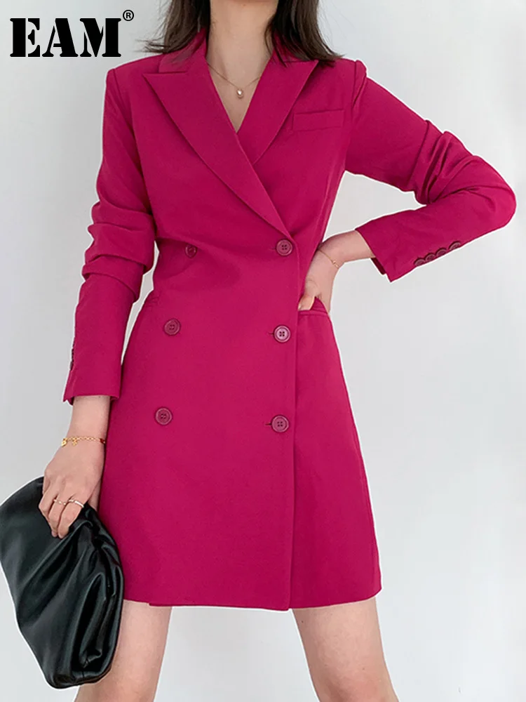 

[EAM] Women Rose Red Double Breasted Long Blazer New Lapel Long Sleeve Loose Fit Jacket Fashion Tide Spring Autumn 2023 1DE9366