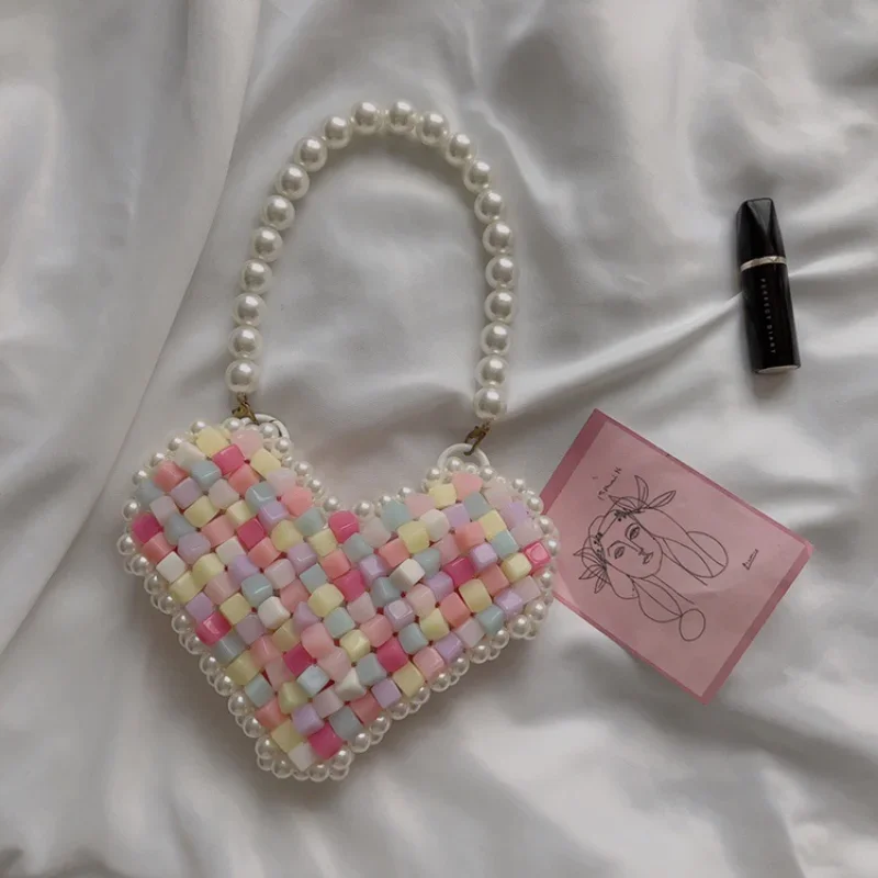 

2024 Spring Summer New Handwoven Candy Square Pearl Bag Pink Pearl Mobile Phone Women's Bags Cute Mini Love New in Handbag