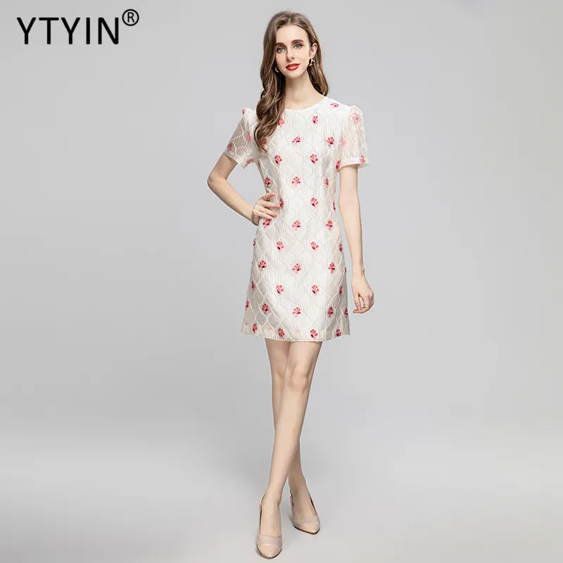 

YTYIN Fashion New Resort Beaded Short Sleeve Women's Sequin Crystal Diamond Summer Jacquard Elegant Short A-Line Mini Dresses