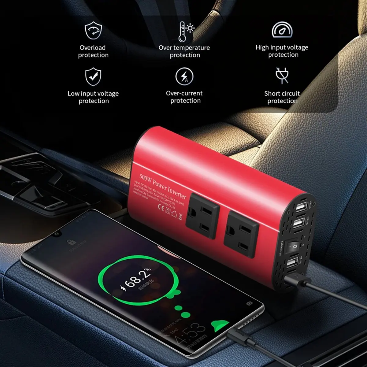 A40I 자동차 인버터 500W DC 12V 110V AC 자동차 인버터 변환기 미국 표준 소켓이 있는 자동 변압기