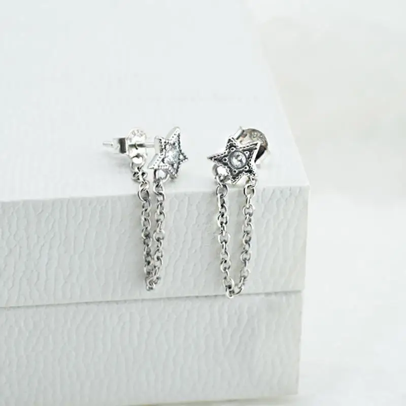 2022 Authentic 925 Sterling Silver Earring Sparkling Star Blue Gem Golden Heart Halo Stud Earrings Women Jewelry BirthdayGift