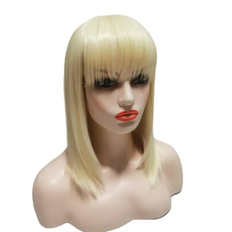 Blonde short Bob wig straight clear lace front bangs 16 