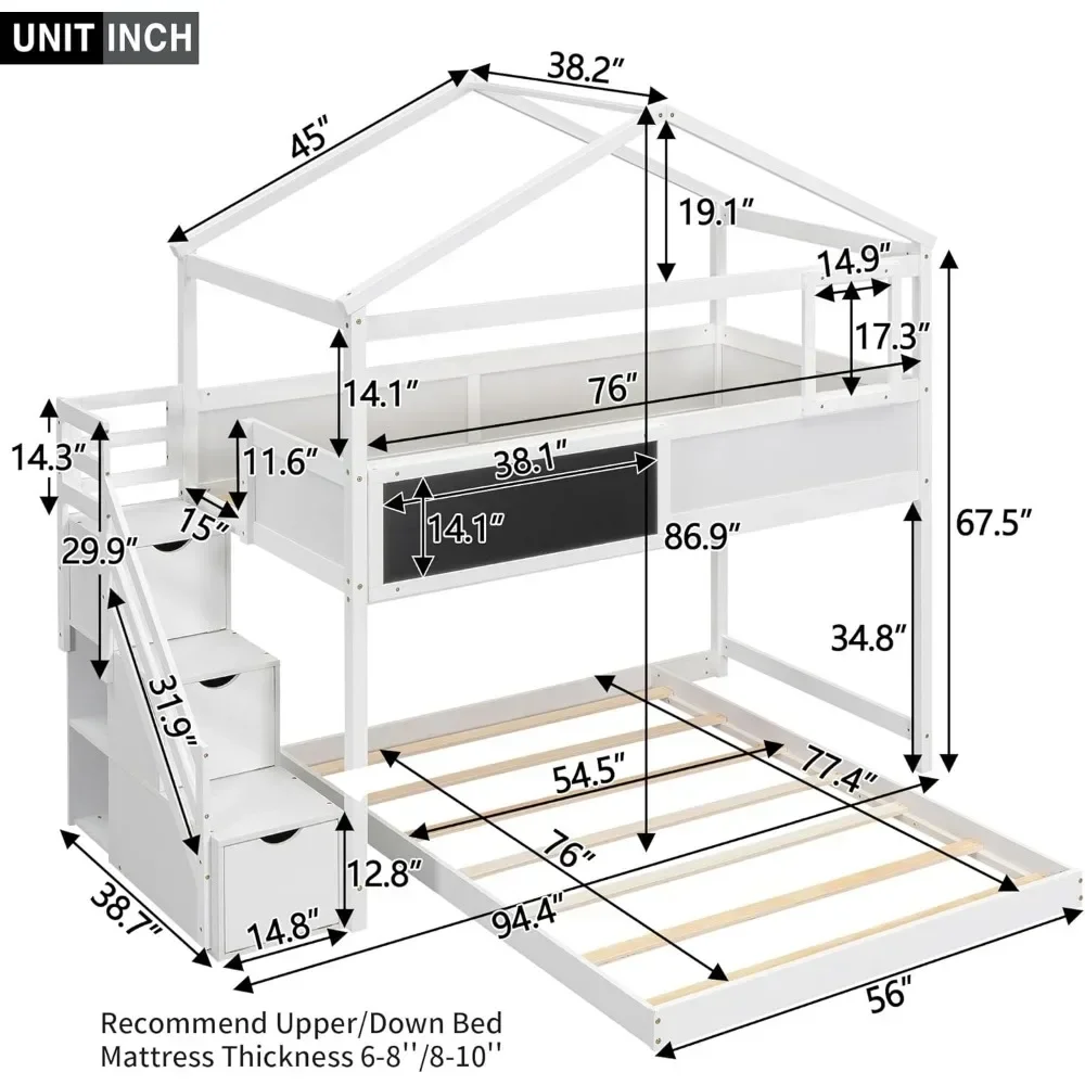 Twin Over Full House Bunk Bed with Blackboard and Storage Staircase,Wood Kids Bunk Bed with Roof and Safety Guardrails Beds 2