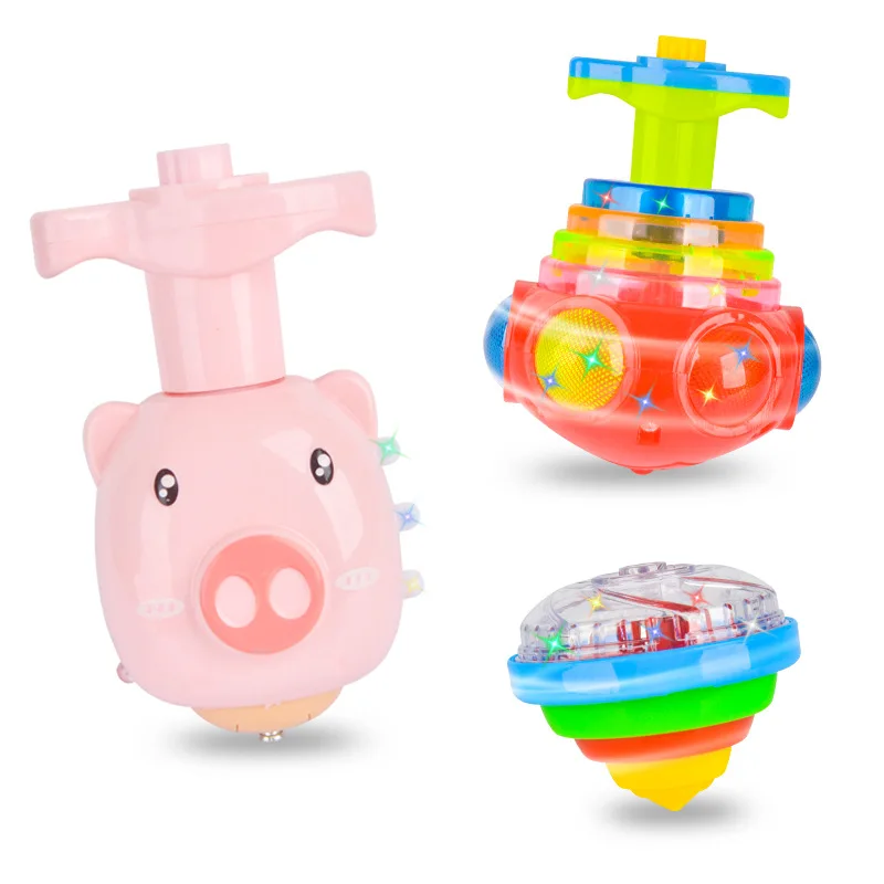 UFO Flashing spinning top toy Kids Gyro Light Up Piggy LED Music Gyroscope Launcher Rotating Toys Fun Birthday Party Favors