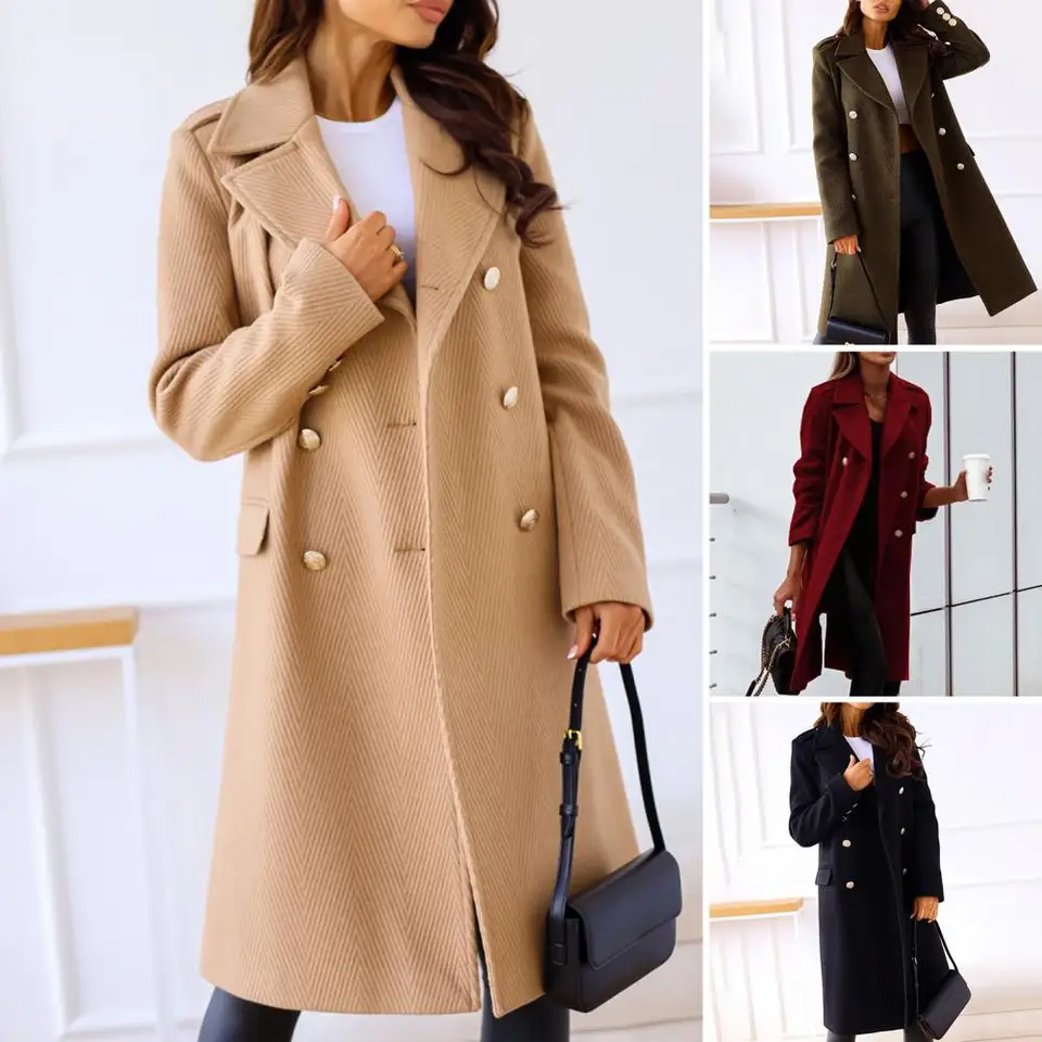 Manteau Femme Décontracté En Laine - Coupe Double Boutonnage, Style Quotidien, Taille Standard