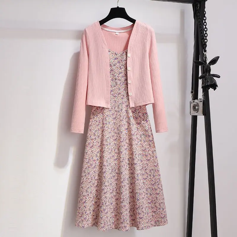 

Женский комплект с асимметричным V-образным вырезом, вязаный пуловер с длинным рукавом, кардиганы и платье на бретелях с цветочным принтом, женские повседневные платья, костюм G118