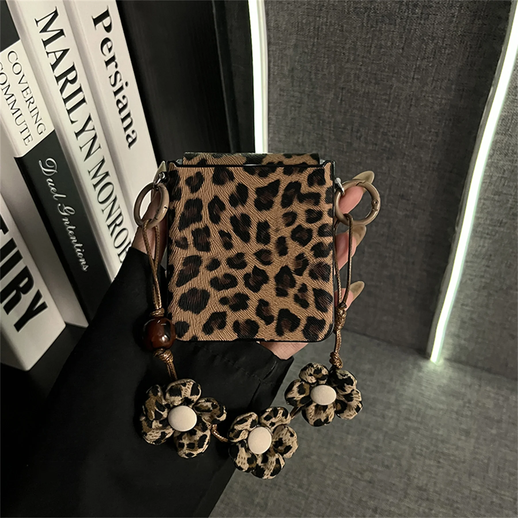 Stylish Leopard Print Phone Case with Floral Strap in Brown