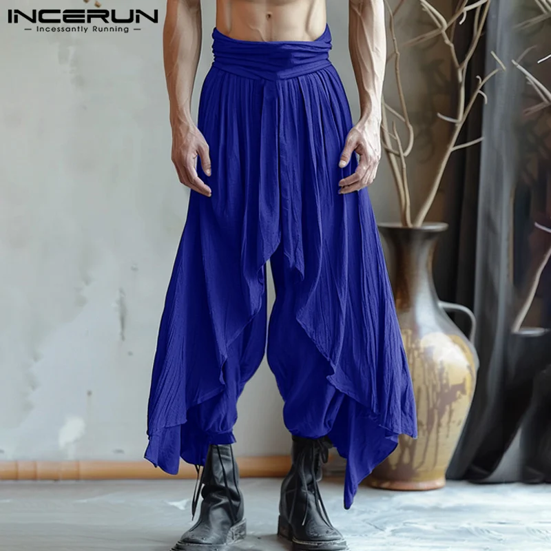 2024 INCERUN Men's Solid Color Long Harem Pant Causal Solid Trousers Ruffle Pantalons American Style Fashion Oversize Streetwear