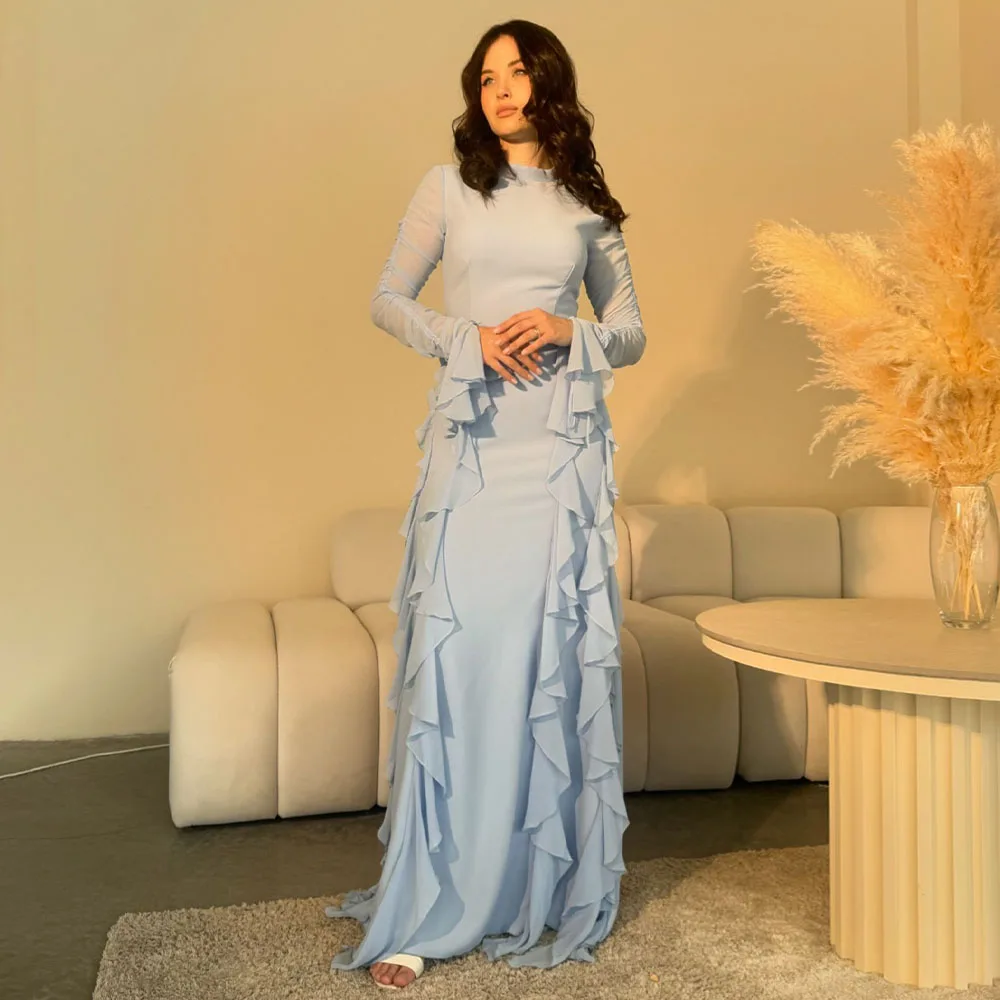 Girls Sky Blue Full sleeves Solid Dress with Jacket