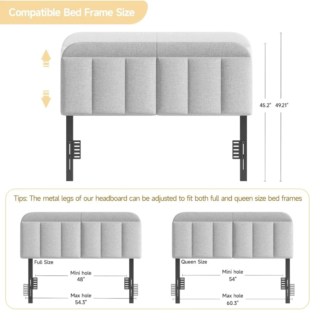 Adjustable Headboard for Full/Queen Size Bed Frame, Linen Fabric Bed Headboard with Storage & RGB LED Light in Modern Vertical 4