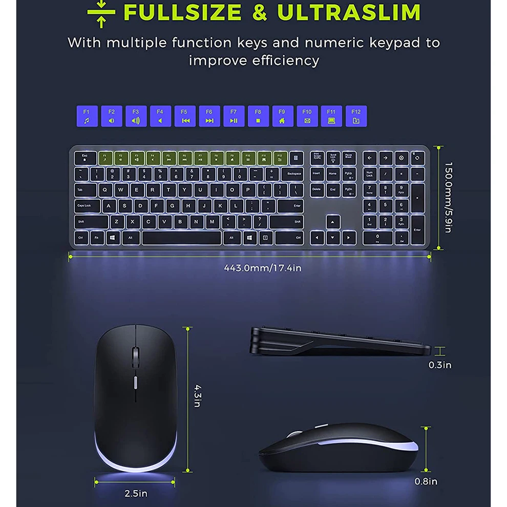 Combinação de Teclado e Mouse sem Fio Teclado e Mouse Retroiluminado Silencioso Conjunto Slim Recarregável em Tamanho Grande Usb 2.4g - Imagem 4