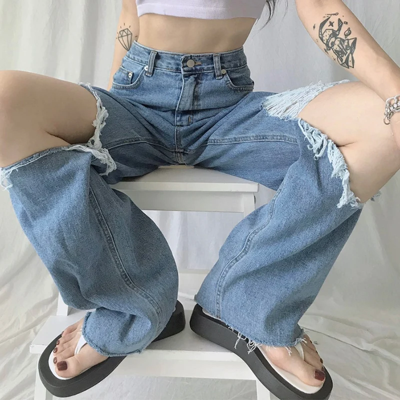 New Arrival Hole Ripped Jeans Women's Loose Oversize Jeans Women Cargo Pants Overalls Female Harajuku Y2k Trousers Vintage 90s