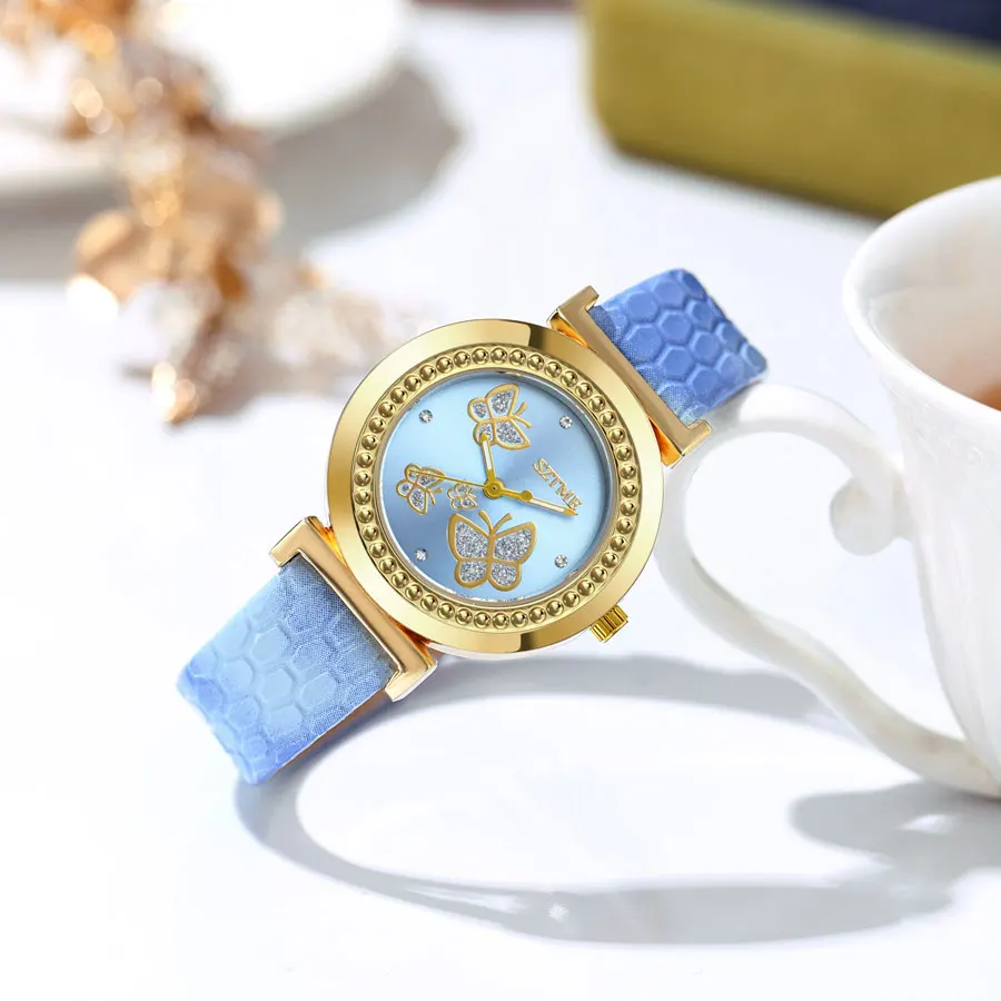 Fashionable Women's Gold Butterfly Diamond Quartz Watch Set