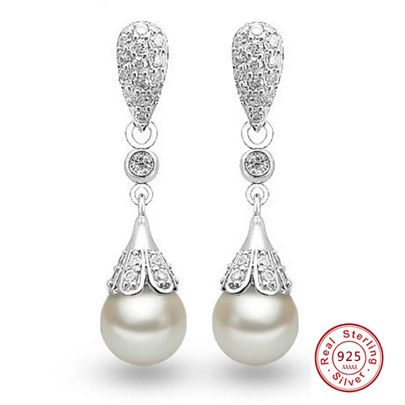 925 Silver Needle Clear Crystal Long Pearls Drop Earrings Teardrop for Women Bridal Party Wedding Jewelry