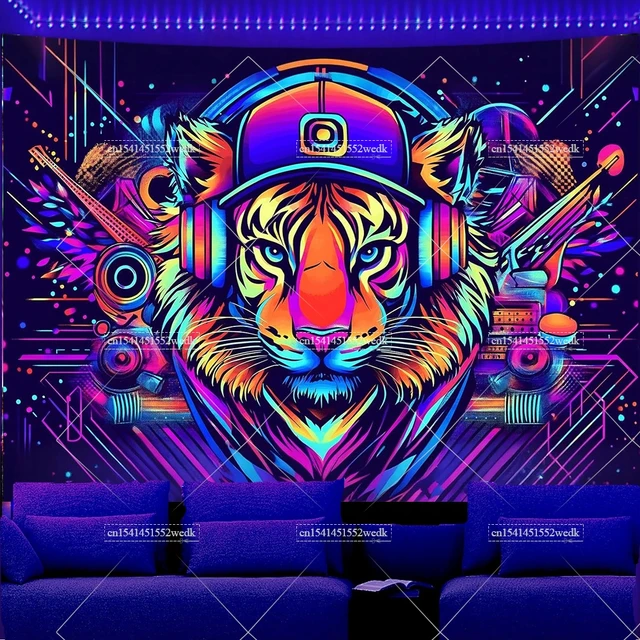 Tapisserie à lumière noire, musique, Animal, Lion, arrière-plan DJ, tapisserie de fête, brille dans la nuit, fluorescente, décoration murale suspendue pour salle 2