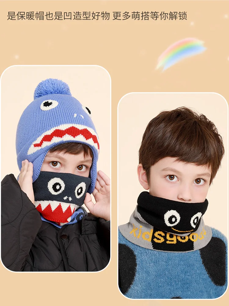 Boys' warm hat and scarf two-piece set outdoor children's cartoon plus velvet knitted hat and scarf set available for