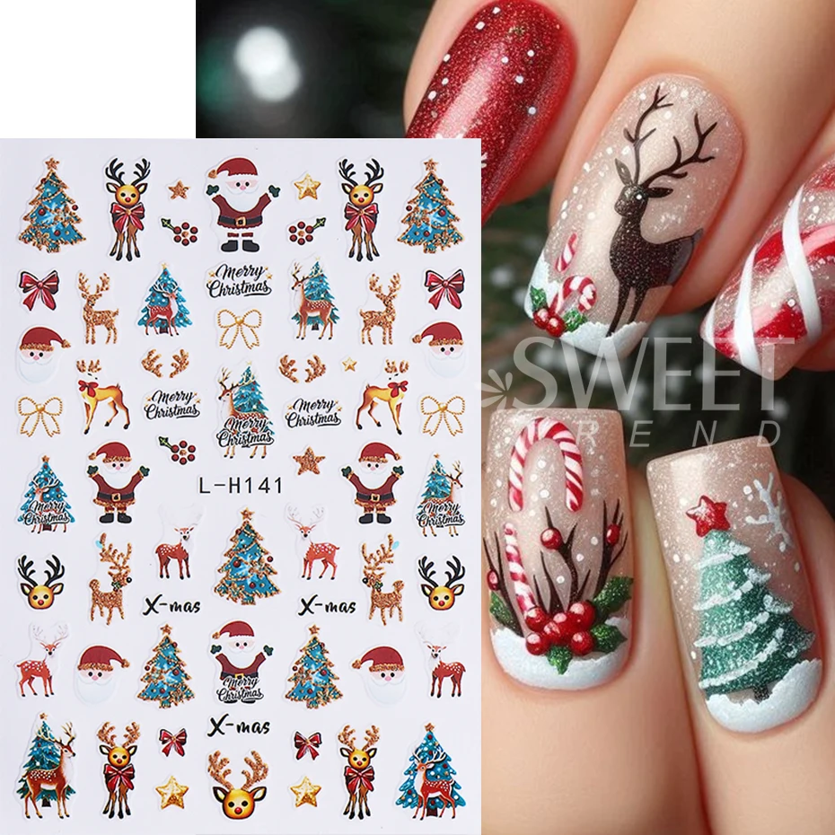 8pcs Christmas Nail Stickers Self-Adhesive Reindeer Santa Claus Penguin Xmas Tree Holly Nail Decals Manicure Decoration Sliders