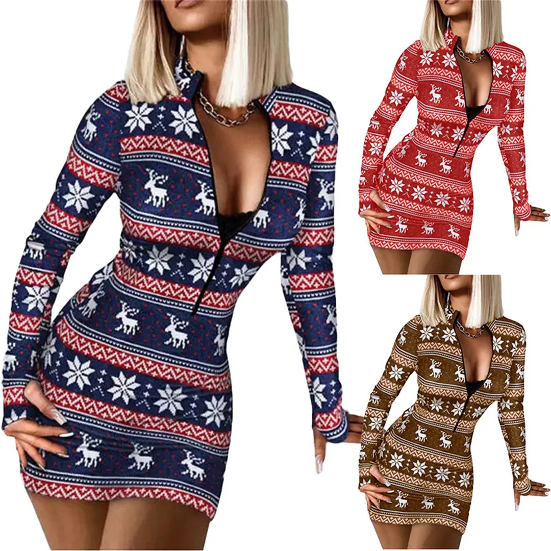 

2023 Autumn/Winter New Print Christmas Style V Leader Zipper Long Sleeve Christmas Dress Christmas Women's Dress Elegant Pretty