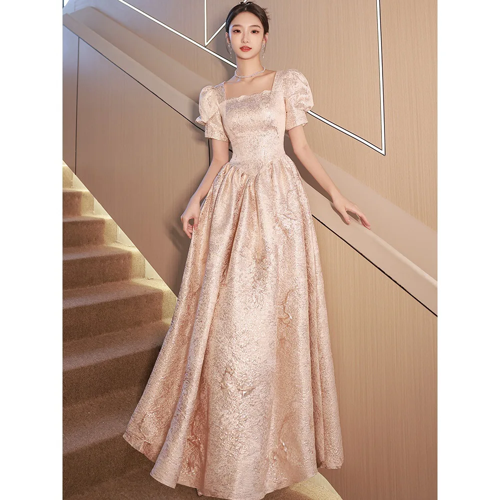 

Celebrity Banquet Dress Puff Sleeve Pleated Dress Retro Palace Style Evening Party Dress Elegant Jacquard Satin Qipao Cheongsam