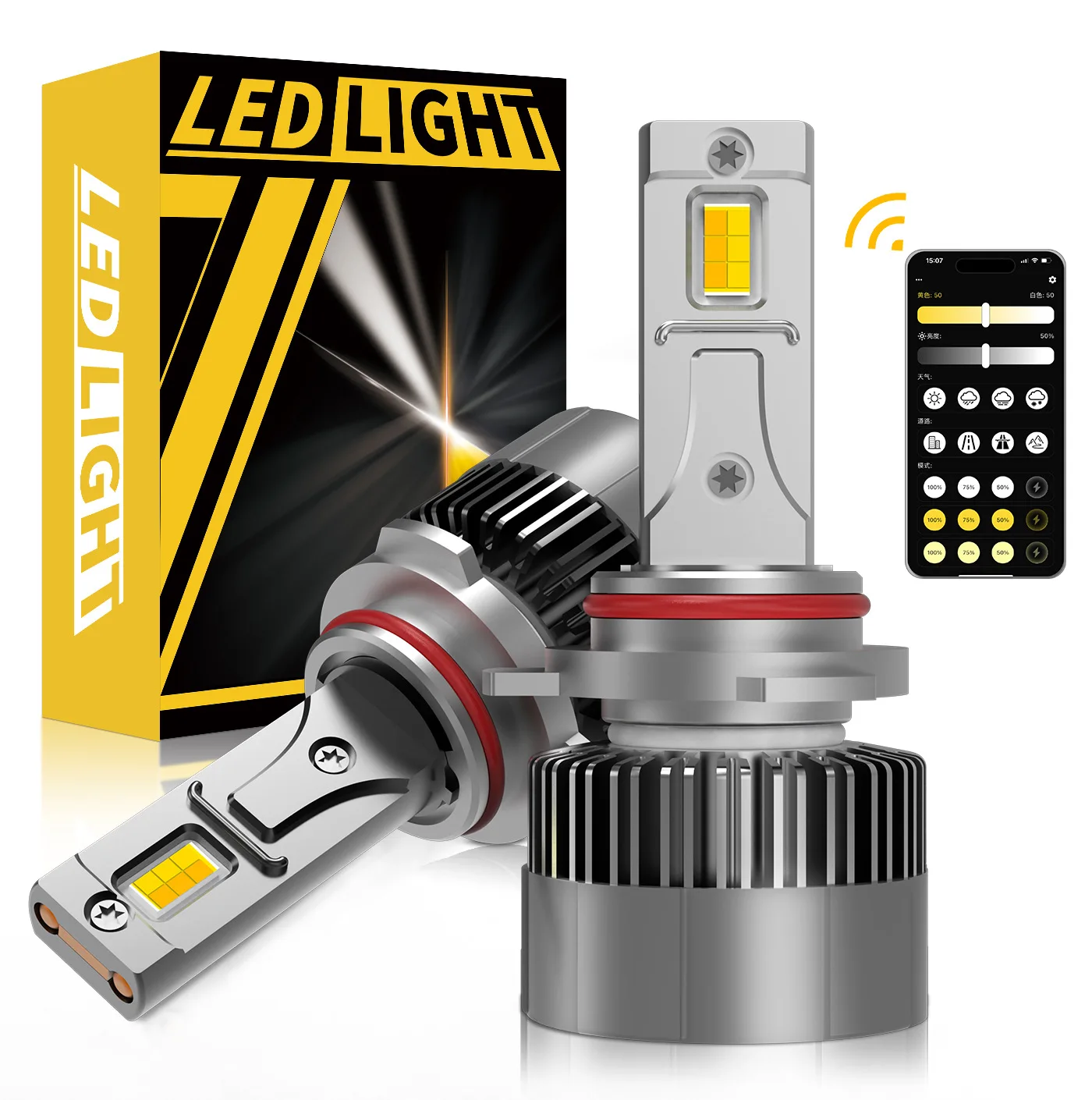 2개입 CANBUS 앱 제어 9012 LED HIR2 자동차 헤드라이트 전구 미니 터보 자동차 라이트 3000K 4300K 6000K 3색 안개등 팬 포함