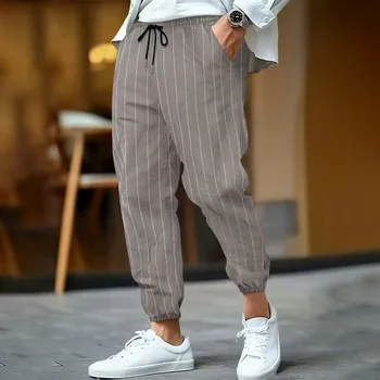 Pantaloni da uomo in misto lino di cotone casual a righe Pantaloni sportivi alla moda traspiranti dalla vestibilità ampia Pantaloni versatili da strada 1