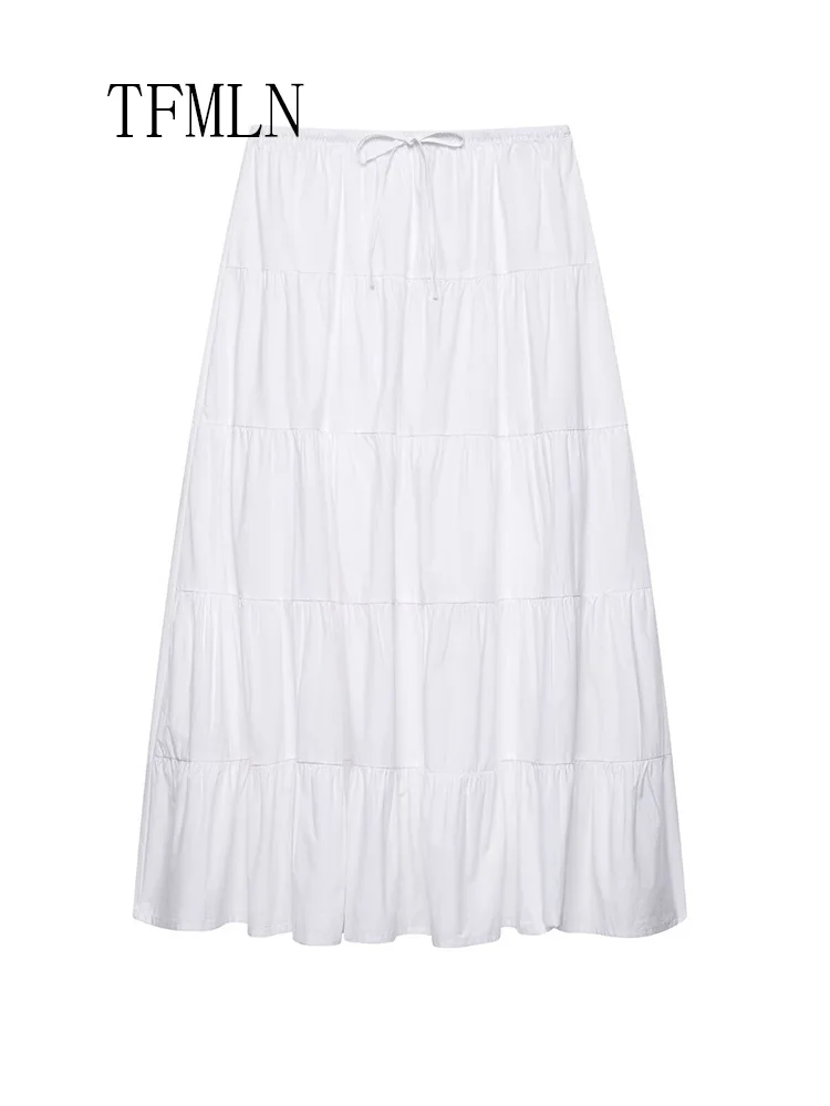 TFMLN Elegant Women Solid Tierred Pleated Skirts 2025 Summer Causal Beach Patchwork Drawstring Skirts High Street A-line Skirts