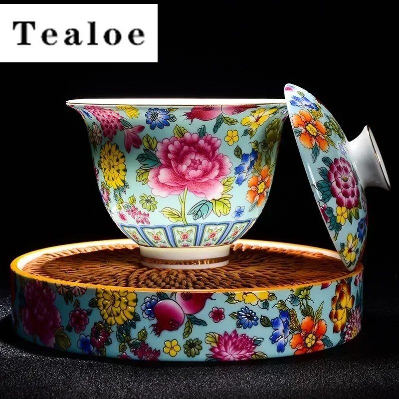 Chinese Enamel Color Ceramic Gaiwan Pot Bearing Handmade Flowers Porcelain Tea Bowl Teacup Household Tea Infuser Travel Teaware
