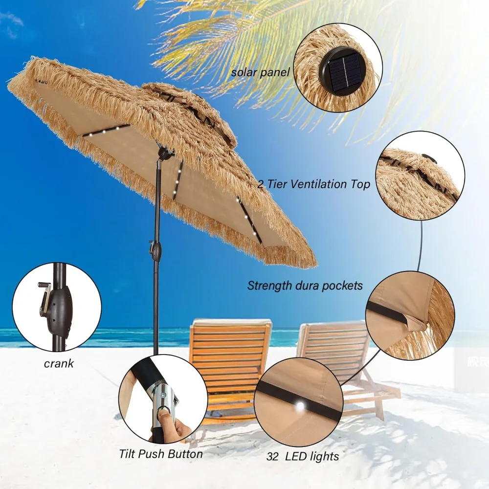 9 FT Hula Thatched Tiki Umbrella, Hawaiian Style Beach Patio Umbrellas, for Patio, Garden, Beach, Pool. 6
