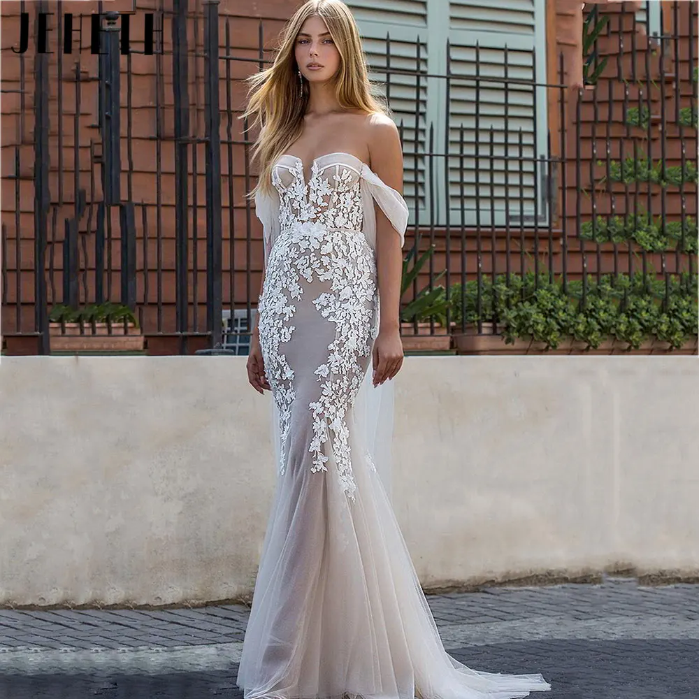 

JEHETH Charming Off Shoulder Tulle Wedding Dresses Sexy Backless Mermaid Bridal Gowns Lace Appliques Custom Made Robe De Mariée