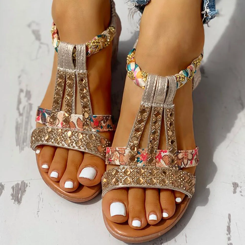 New Gladiator Wedge Heels Elastic Band Crystals Summer Women Shoes Woman Sandals Leisure Beach Sandals Large Size 35-43