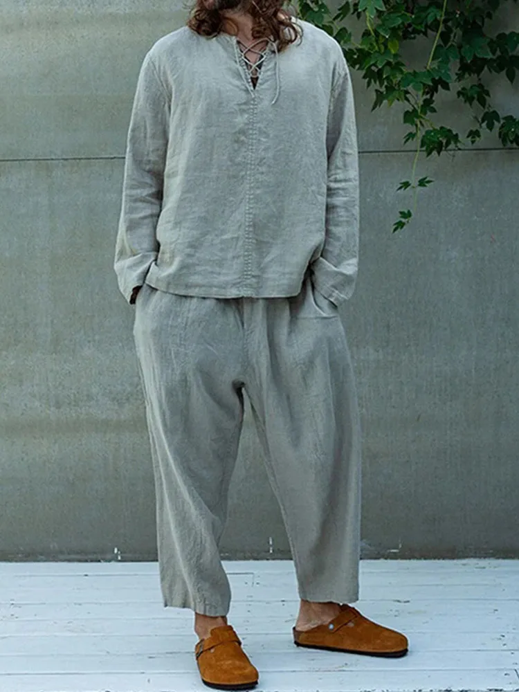 

Мужской повседневный комплект свободного кроя из футболки с длинным рукавом и брюк