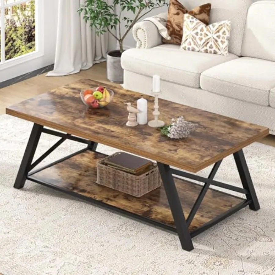 Modern Industrial Coffee Table with Wood and Metal Frame Rustic Brown Finish Storage Shelf Design for Living Room Rectangle Coc