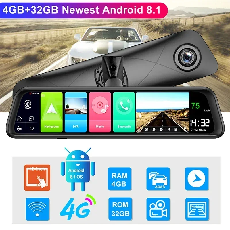 Bluavido 스마트 안드로이드 8.1 자동차 미러 DVR, GPS 네비게이션, HD 1080P 비디오 레코더 카메라, ADAS 32G ROM, 오리지널 브래킷 추가, 4G RAM