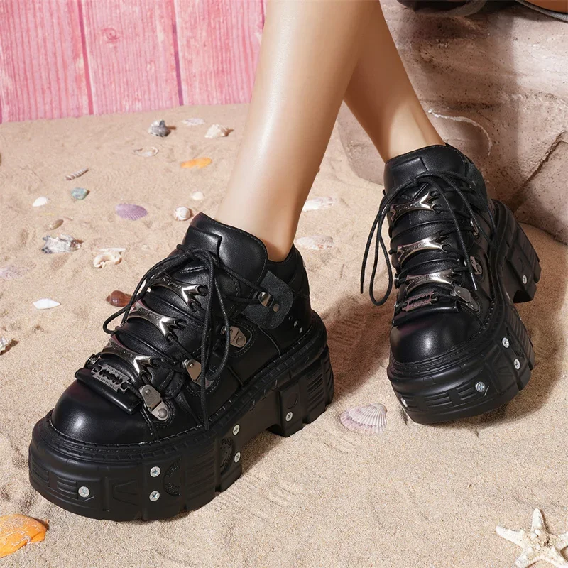 New Punk Style Women Platform Shoes Metal Decor Heel Height