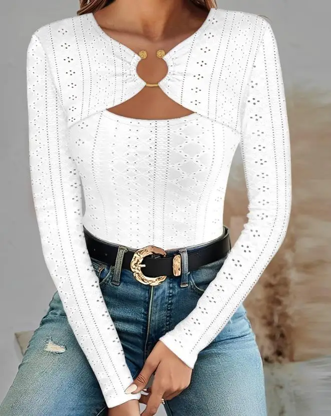 

Fashion Woman Blouse 2023 Spring Ring Decor Cutout Eyelet Embroidery Ruched Casual Long Sleeve Skinny Asymmetrical Neck Tee Top