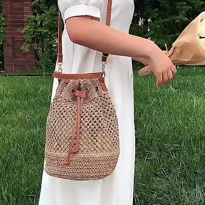 Guvkeug Sac à Main En Paille Tressée - Style Seau Rond, Bandoulière 120cm, Couleur Beige, Taille Unique