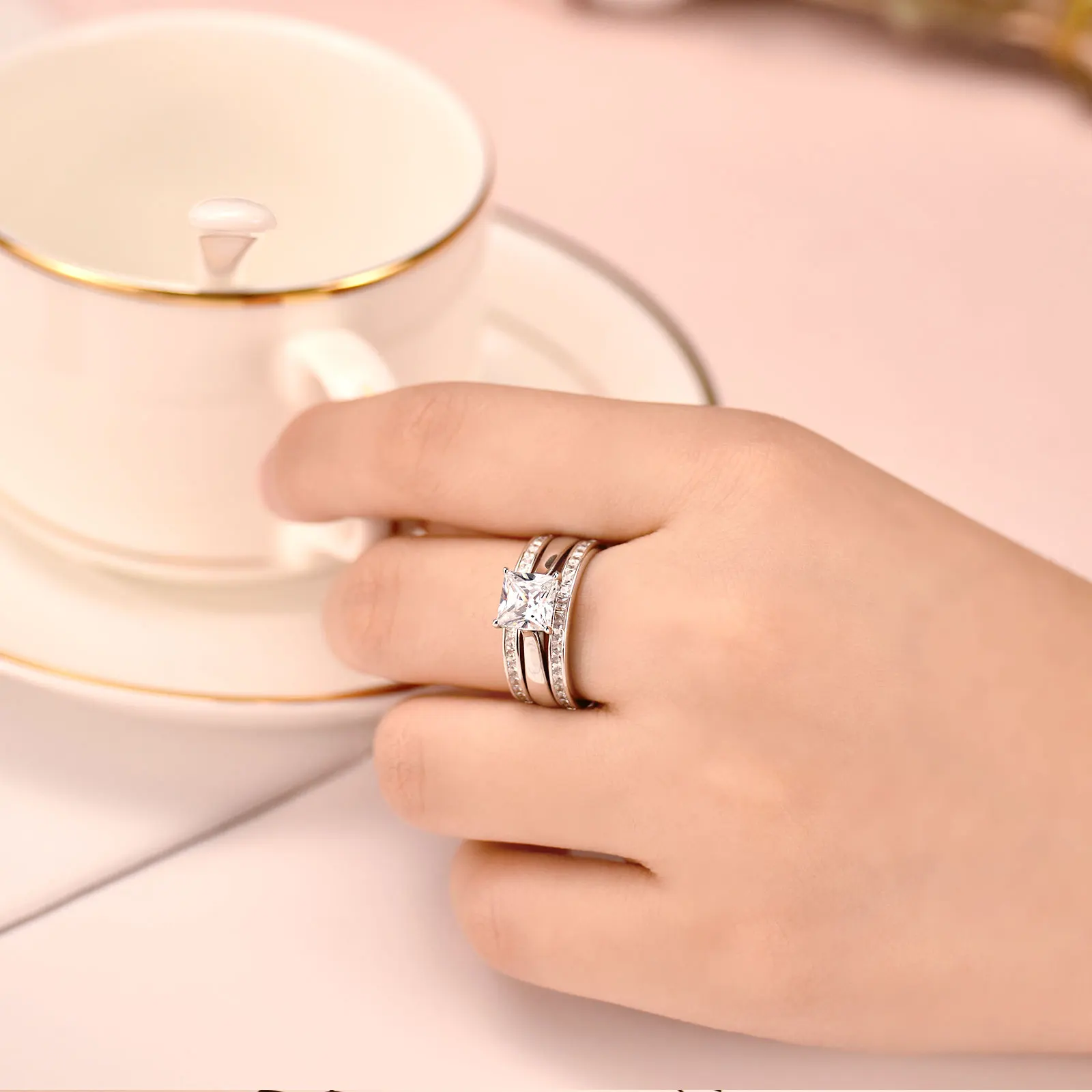 Newshe Solid 925 Sterling Silver Wedding Rings for Women Solitaire Princess Cut Engagement Ring Eternity AAAAA Zircon Guard Band 3
