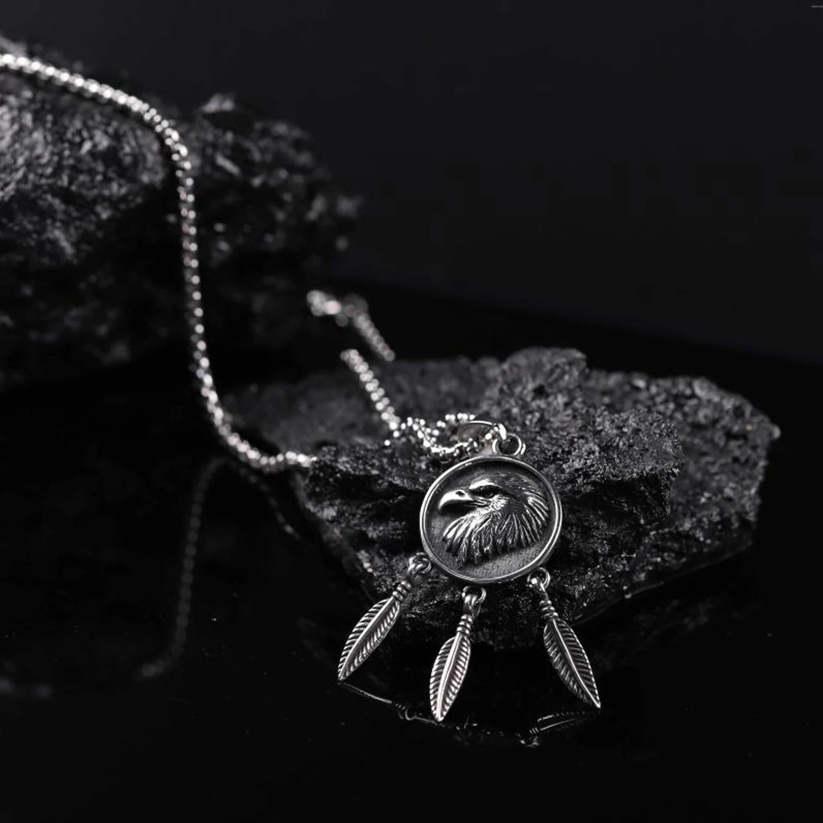 Men's Vintage Eagle Head Feather Titanium Steel Pendant Necklace Punk Hip Hop Party Jewelry