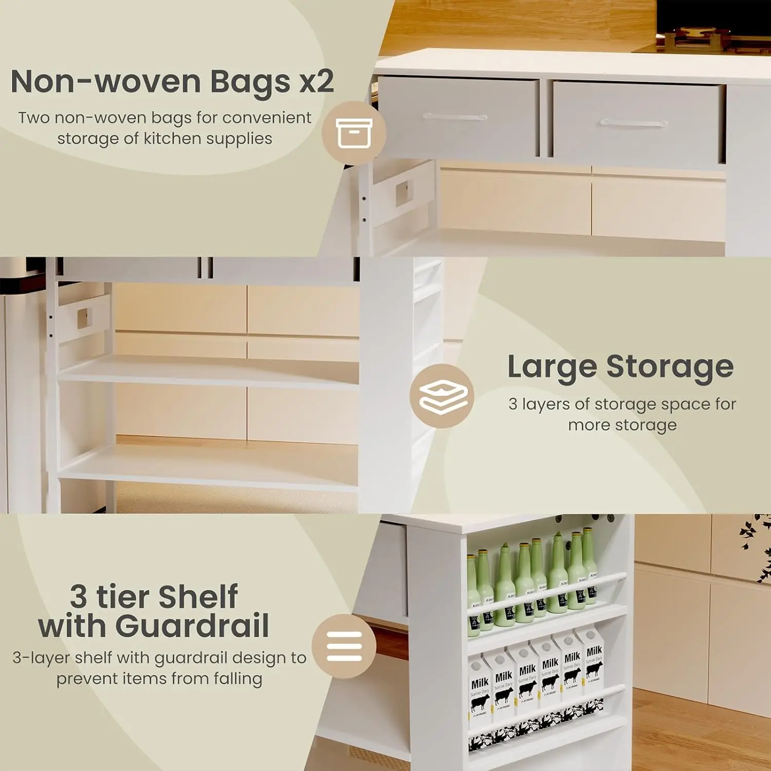 Modern Kitchen Island Bar Table with Open Storage Shelves, Power Outlet, Spice Rack (White)