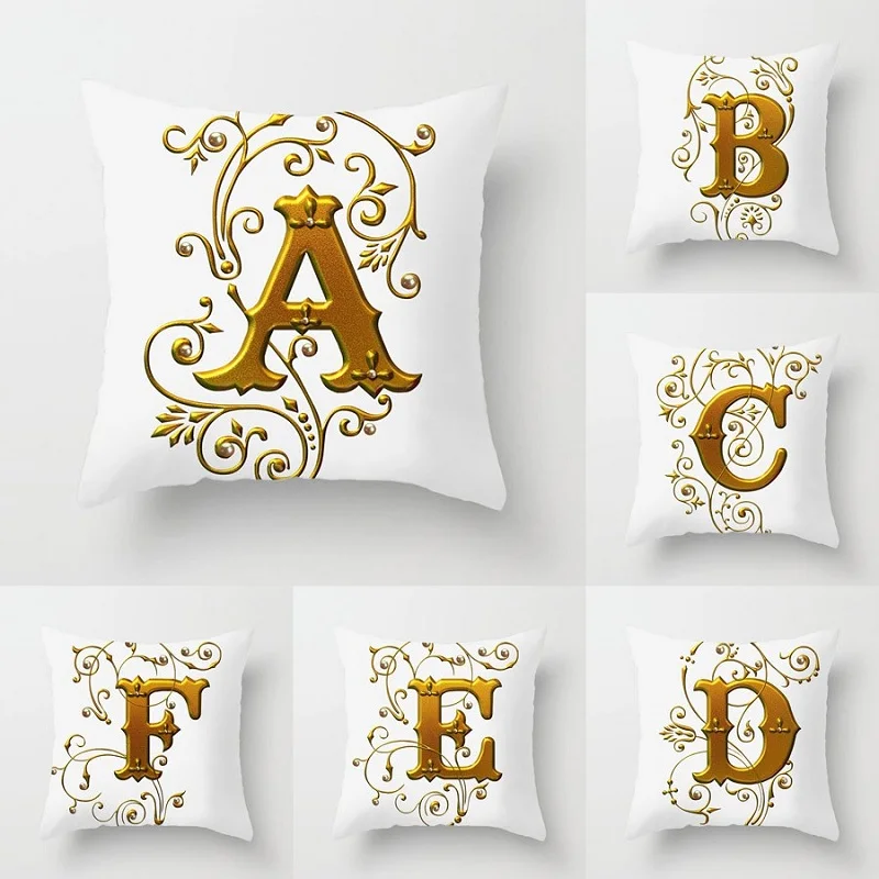 Gold 26 Letters Cushion Cover English Alphabet Throw Pillow Case Letter Print Home Decor Square Pillowcase Sofa Cushion Cover