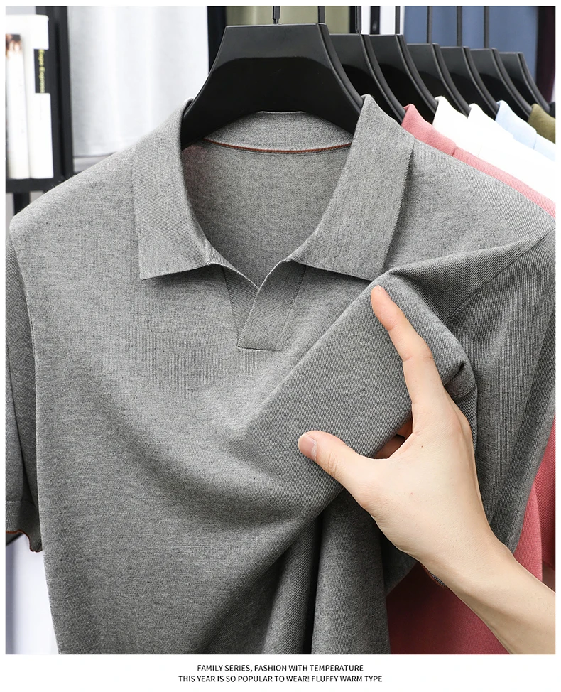 100% Lyocell Knitwear 2025 Men Spring Summer Trendy Turn Down Collar Knit Tees Short Sleeve Breathable Knit Tops
