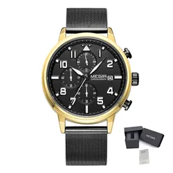 Chronograph Stainless Steel Bracelet Sport Men's Luxury Waterproof Luminous Quartz Wristwatch (Gold Black)