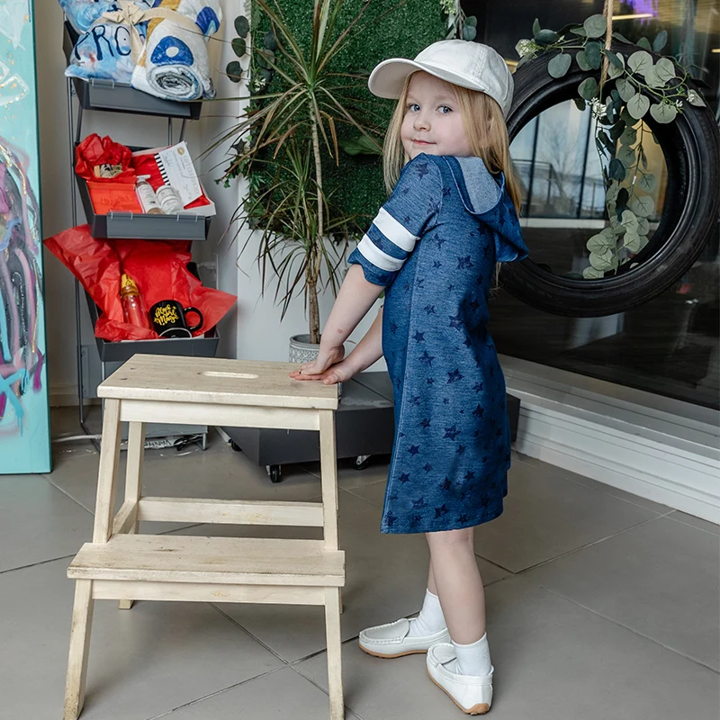 Mädchen kleid blau denim sterne set mädchen mit kapuze kurzarm langarm kleider kinder mit kapuze applique buchstaben 2-6T familie outfit