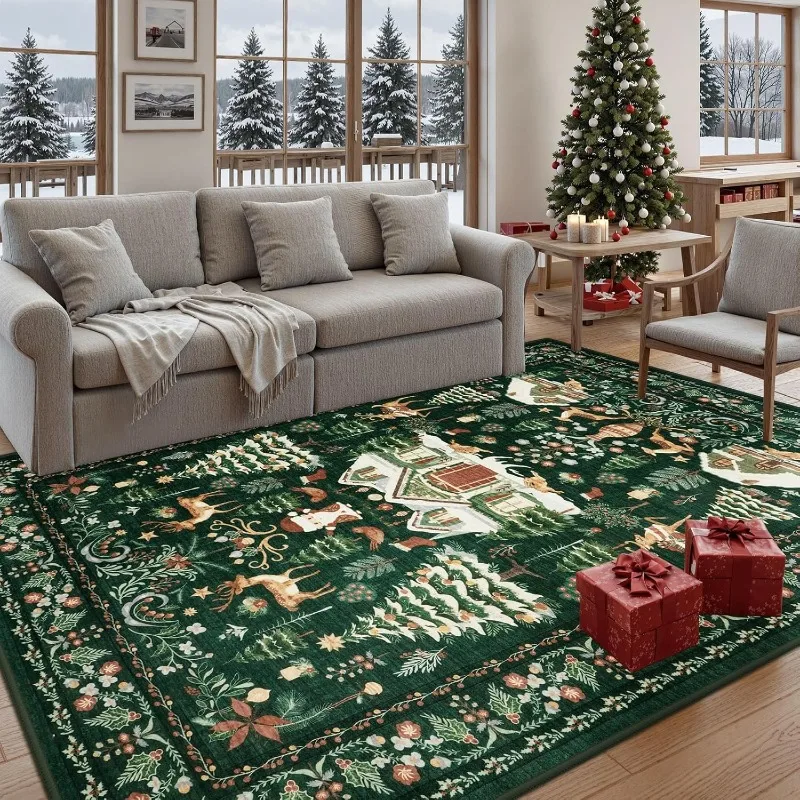 Christmas Themed Living Room Carpet Christmas Tree Reindeer Print Bedroom Rugs Machine Washable Non-slip Coffee Table Mats Tapis