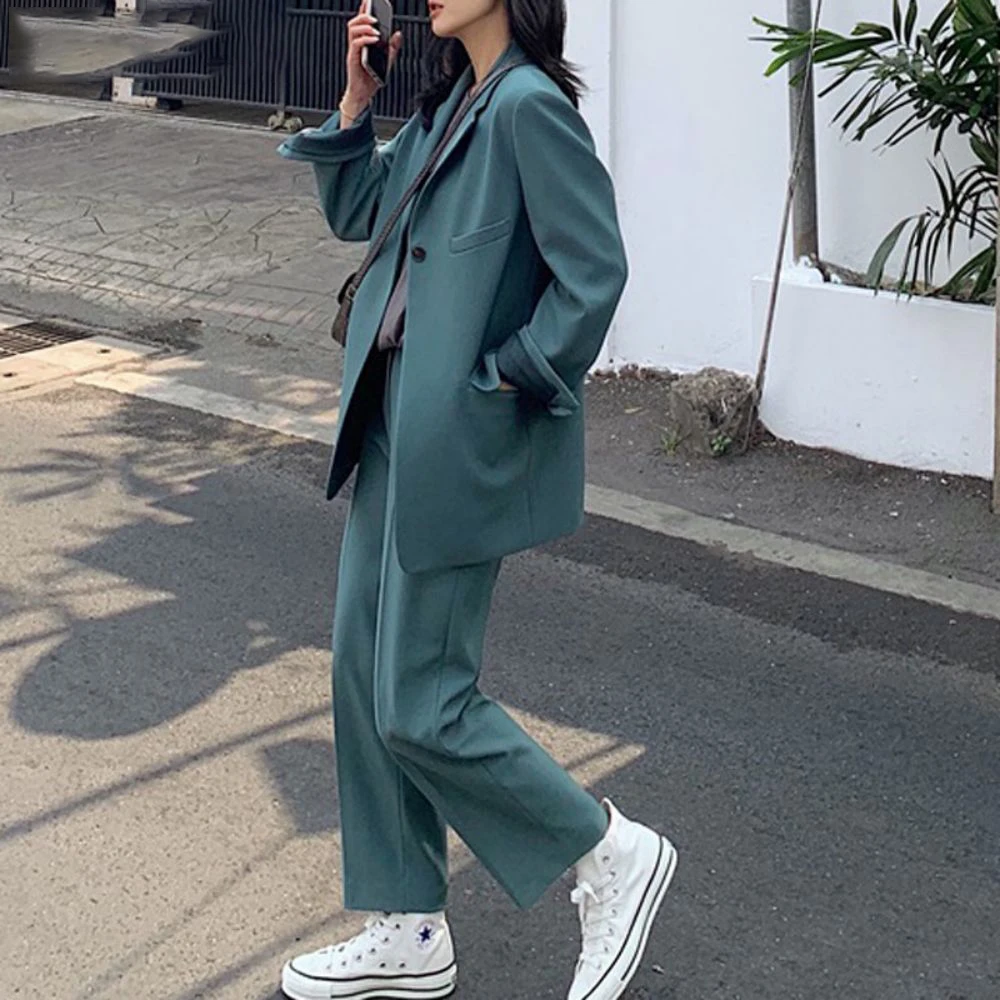 Elegant 2 Pieces Set Women Casual Pant Suits Single Button Jacket & High Waist Loose Trousers 2023 Spring Stylish Blazer Suit