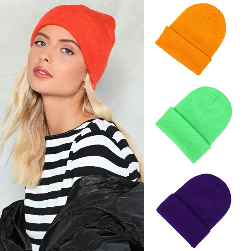 Men Women Hats For Winter Autumn Solid Color Warm Knitted Cap Fluorescent Cuffed Beanie Hat Female Caps Warmer Bonnet Casual Cap 1