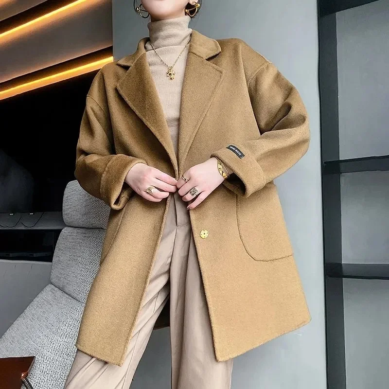 

2024 Winter Woolen Long Coat Fashion Office Lady Single Breasted Coats Wide-waisted Pocket Black Blends Coat Loose Overcoat