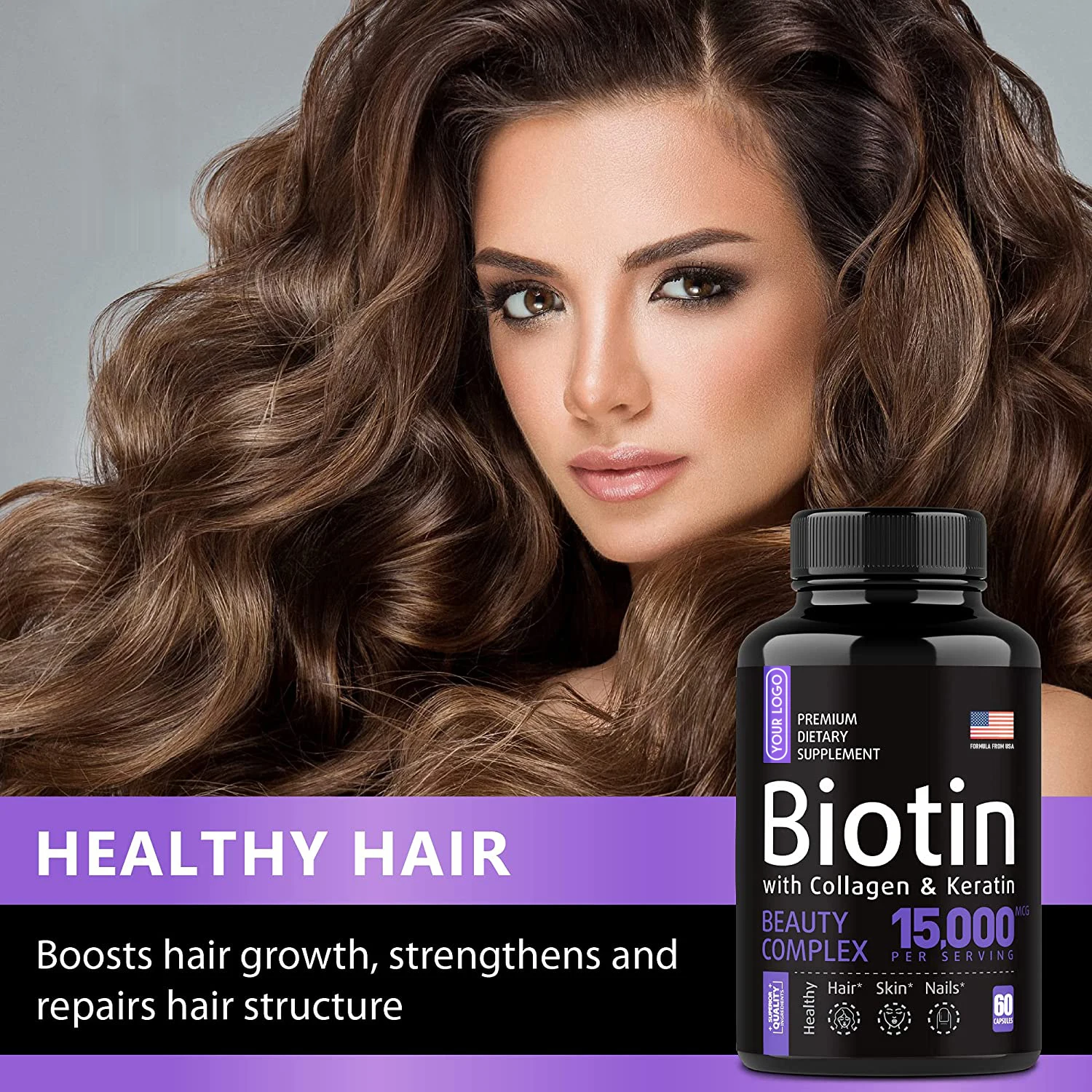 

60 Pills Biotin capsule promotes hair growth strengthens nails reduces splitting nourishes hair protects nails Vitamin capsule